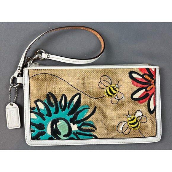 COACH Zip Wristlet Burlap Slim Wallet w/ Bumble Bee Floral Design 8" X 4.5" - Picture 1 of 12